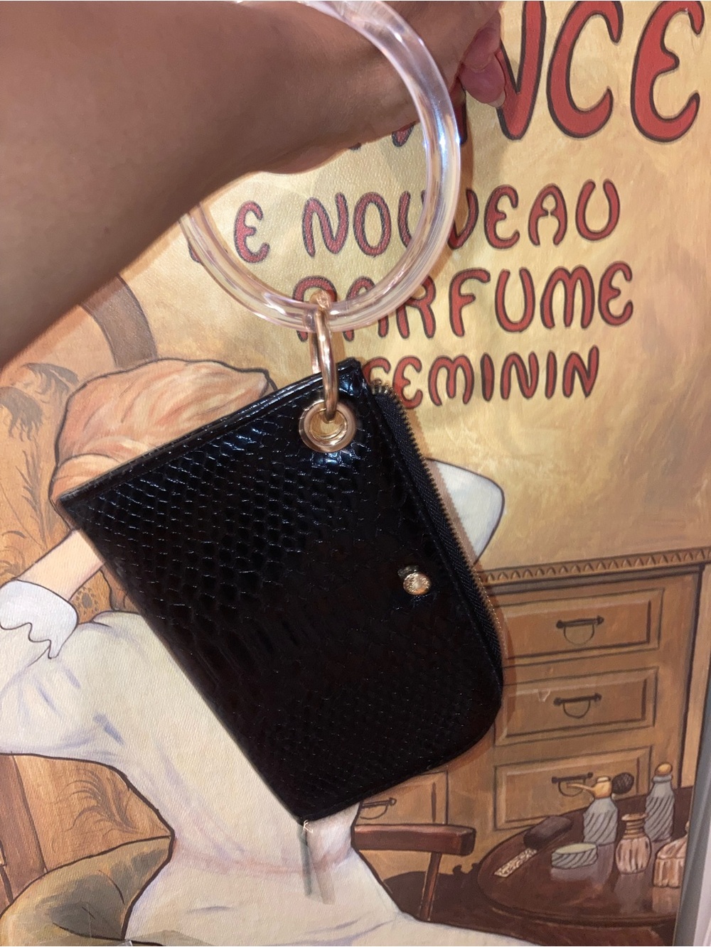 Kate Landry Black Snakeskin Wristlet with Clear Bracelet - EUC